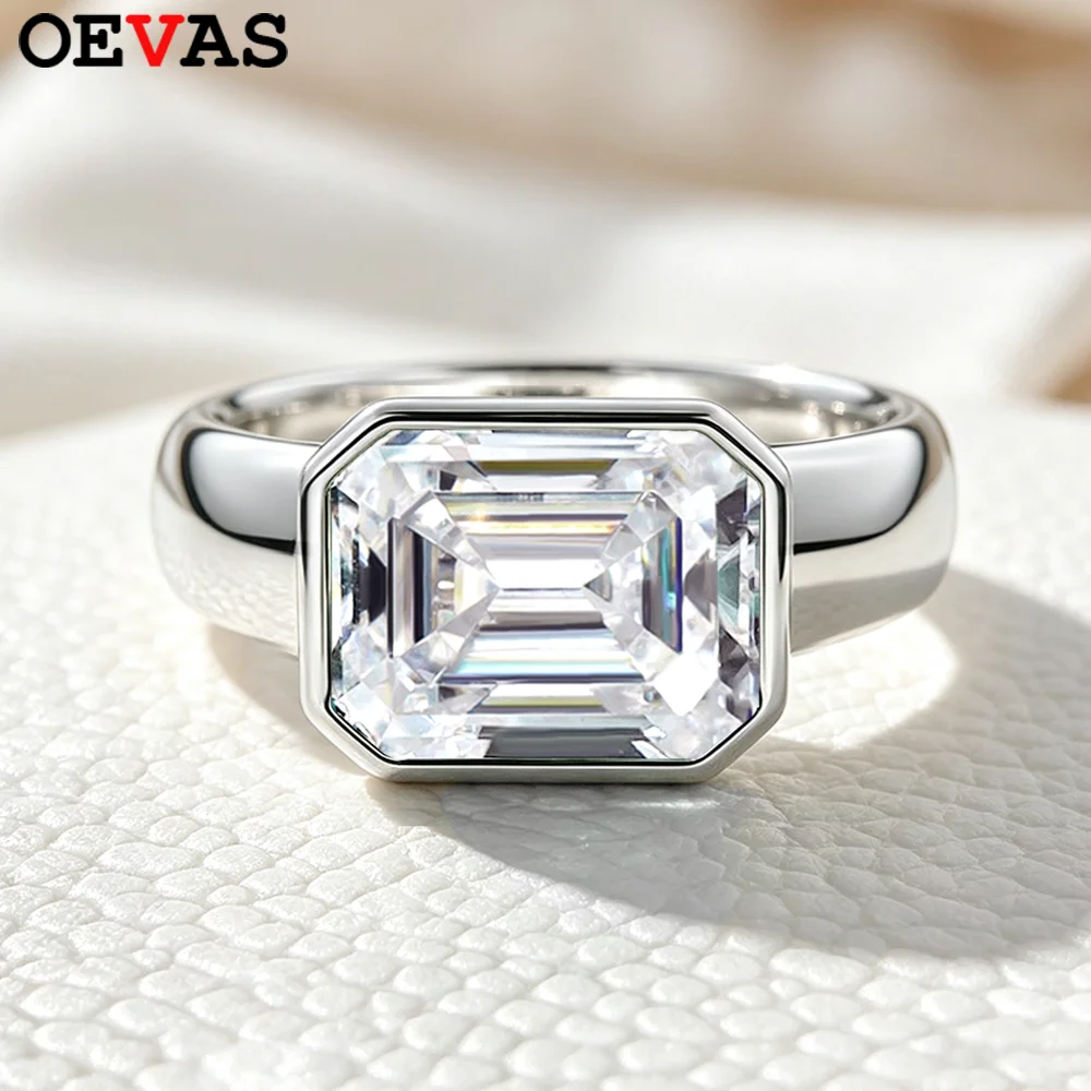 OEVAS 4CT 8x10MM Emerald Moissanite Rings for Women 100% S925 Sterling Silver Bezel Lab Diamond Wide Wedding Band Fine Jewelry