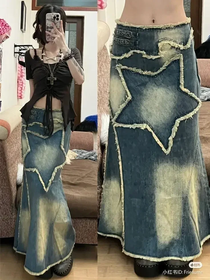 

Женские джинсовые длинные юбки с цветочным принтом, облегающие винтажные потертые повседневные длинные юбки до щиколотки, уличная одежда на улице, лето 2023 г.