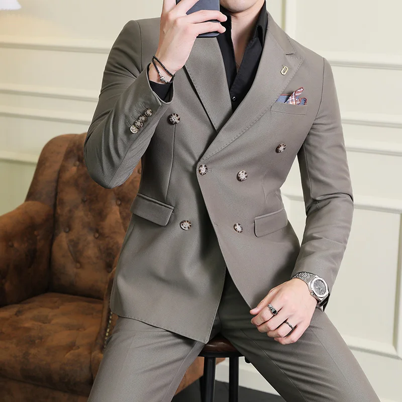 2023 Fashion New Men Boutique Double Breasted Plaid Slim Business Wedding Suit Pants2 Pcs Set Dress Blazers Jacket Trousers