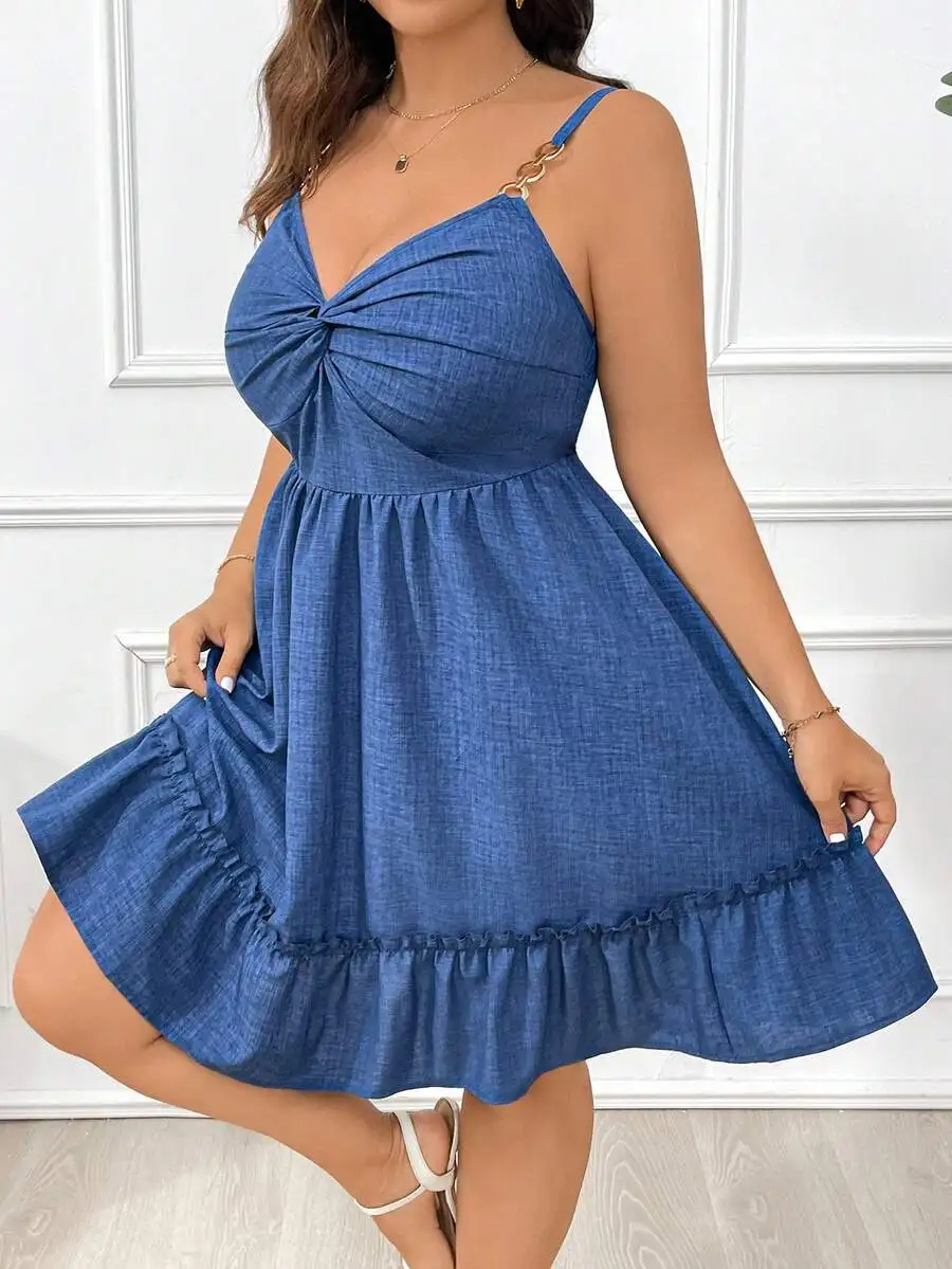 

Plus Size Blue Summer Sundress With Ruffle Hem And Spaghetti Strap