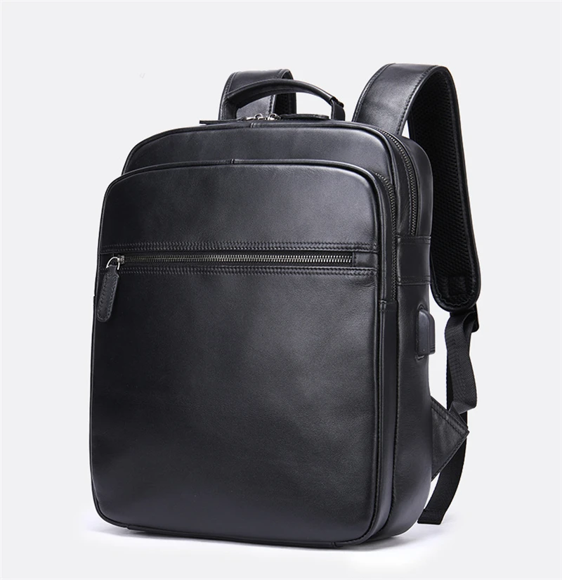 High Capacity Leather Backpack Real Cowskin Computer Bag Black Men\'s Genuine Leather Laptop Backpacks 13 14 inch daypack school