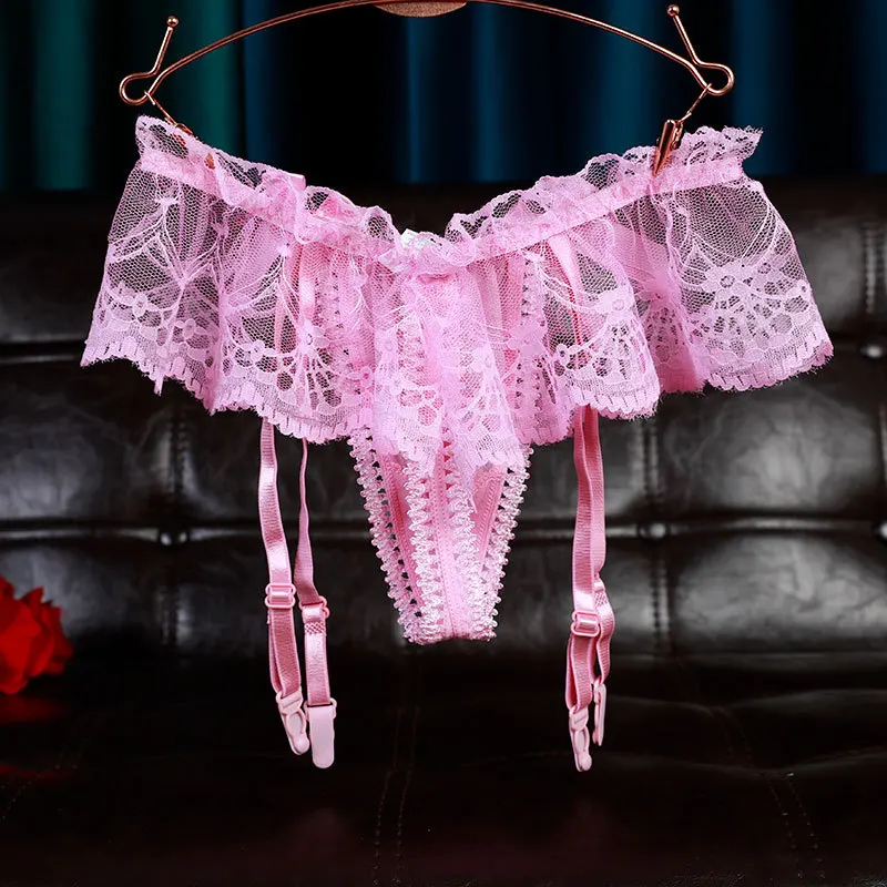 Lace Underwear Sissy Sexy Ruffled Mini Skirt with Garters T-back Thongs Cross-dresser Underpants Erotic Panties Gay Lingerie