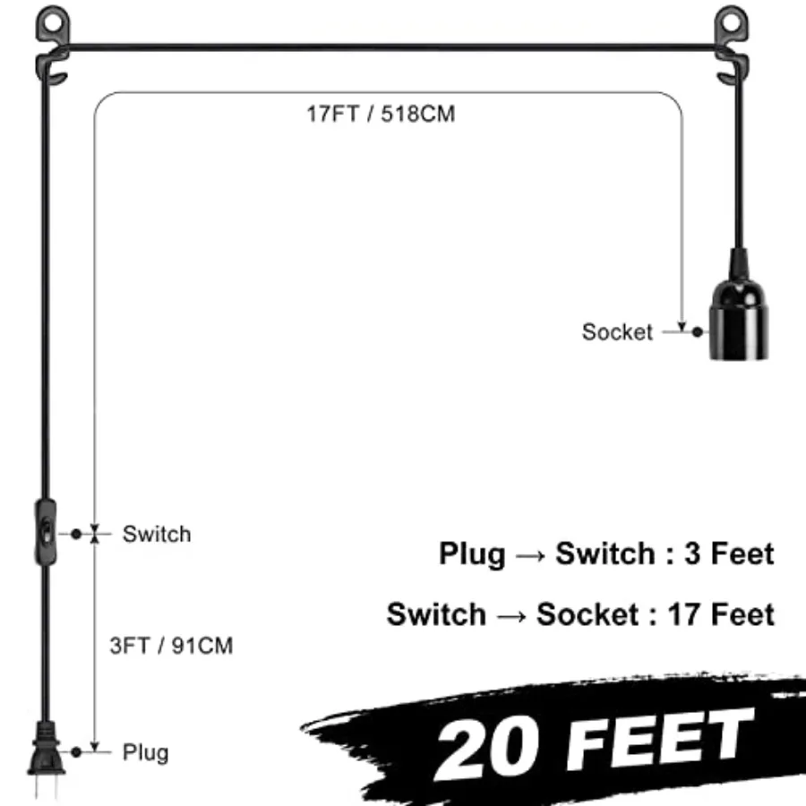 20Feet Extension Hanging Lantern Cord -, E26 Light Bulb Socket with Cord, On/Off Switch, Polarized Plug, UL Approval Pendant Li