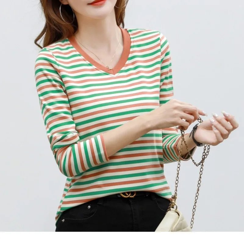 Spring Autumn Women\'s Pullover V-Neck Solid Striped Long Sleeve Undershirt Slim T-shirt Office Lady Elegant Fashion Casual Tops