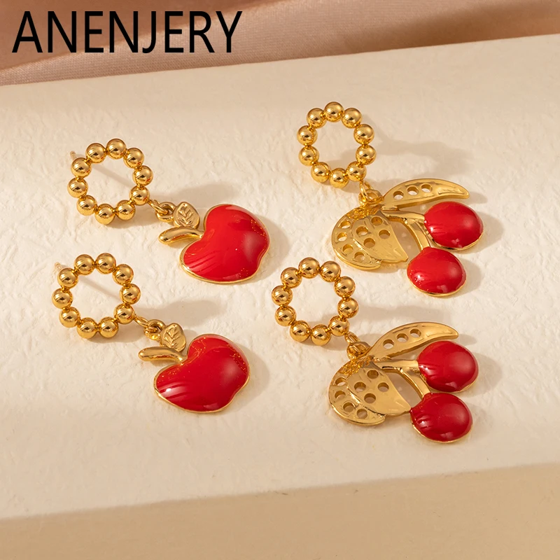 ANENJERY 316L Edelstahl Perlen Apfel Kirsche Anhänger Ohrringe Für Frauen Mode Nette Obst Einfache Schmuck Geschenke Großhandel