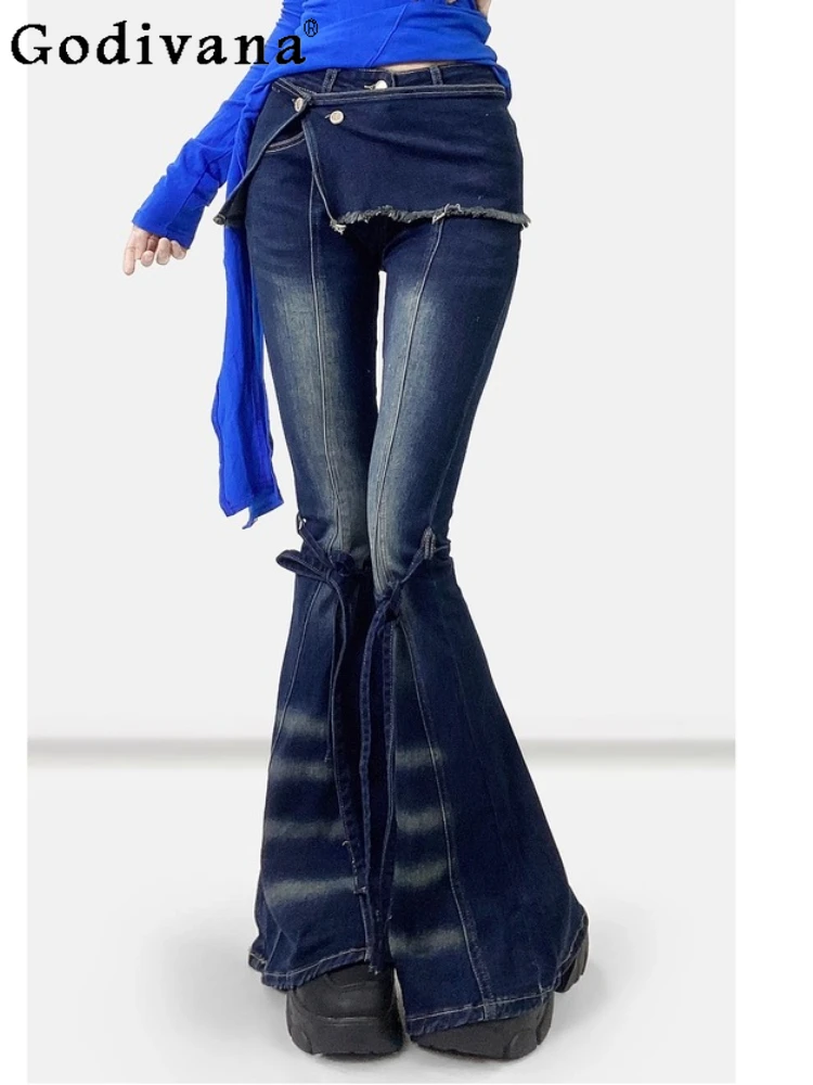 

American Retro Dark Blue Personality Unique Denim Micro-horn Trousers Slim Lace-up Elastic Autumn Winter Fashion Versatile Pants