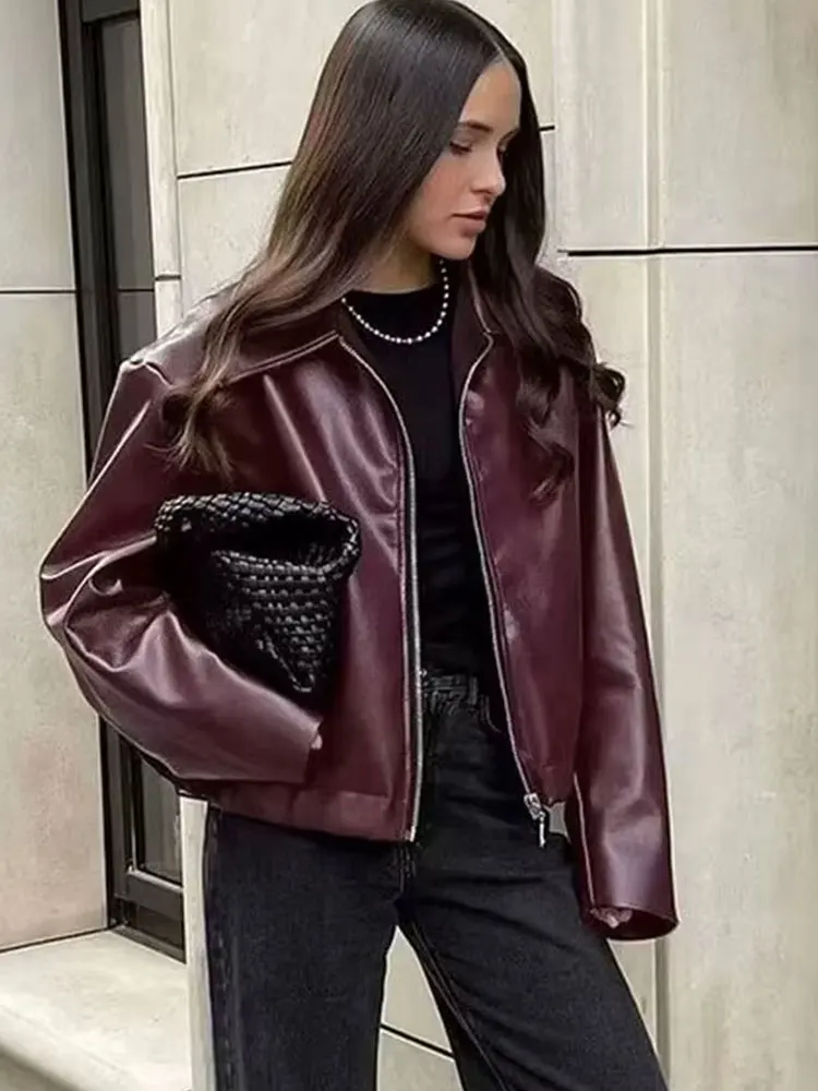 HH 2024 otoño moda urbana chaqueta Bomber de cuero para mujer Color sólido manga larga solapa cremallera mosca casual abrigos Retro