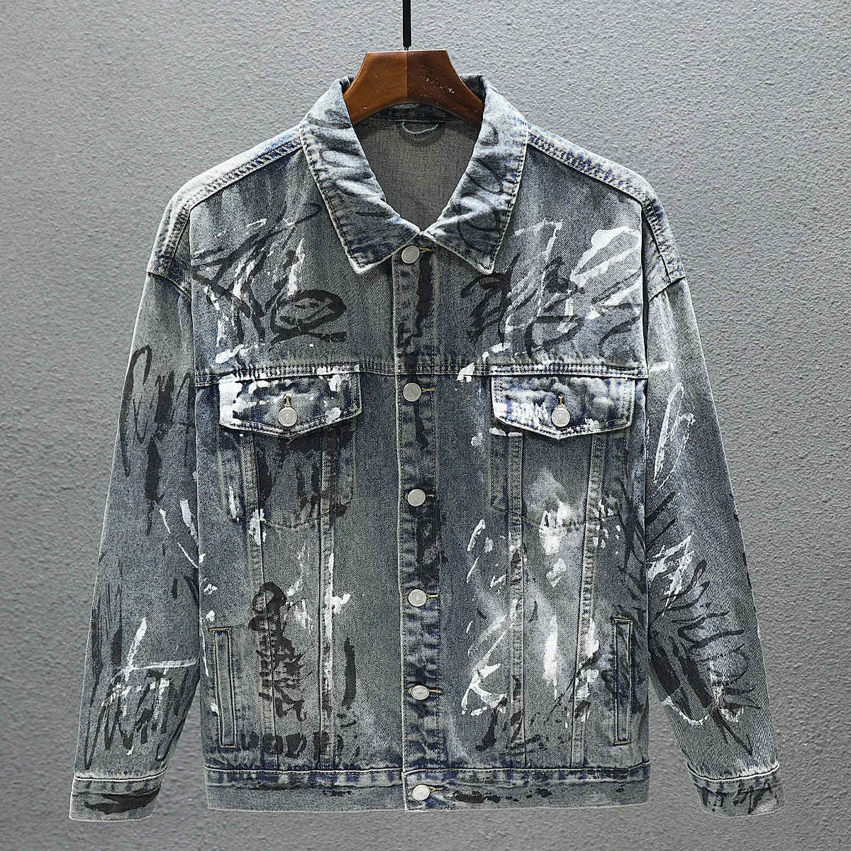 2024 New Printed Distressed Vintage Denim Jacket Men's Fashion Graffiti Hip Hop Lapel Coat Male Button Jeans Jackets