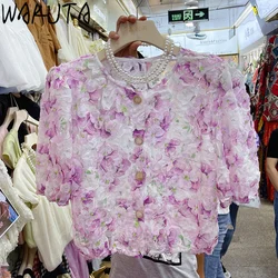 WAKUTA Short Sleeve Three Dimensional Decoartion Floral Shirt Blouses Women Summer 2024 Korean Style Sweet Vintage Crop Cardifan