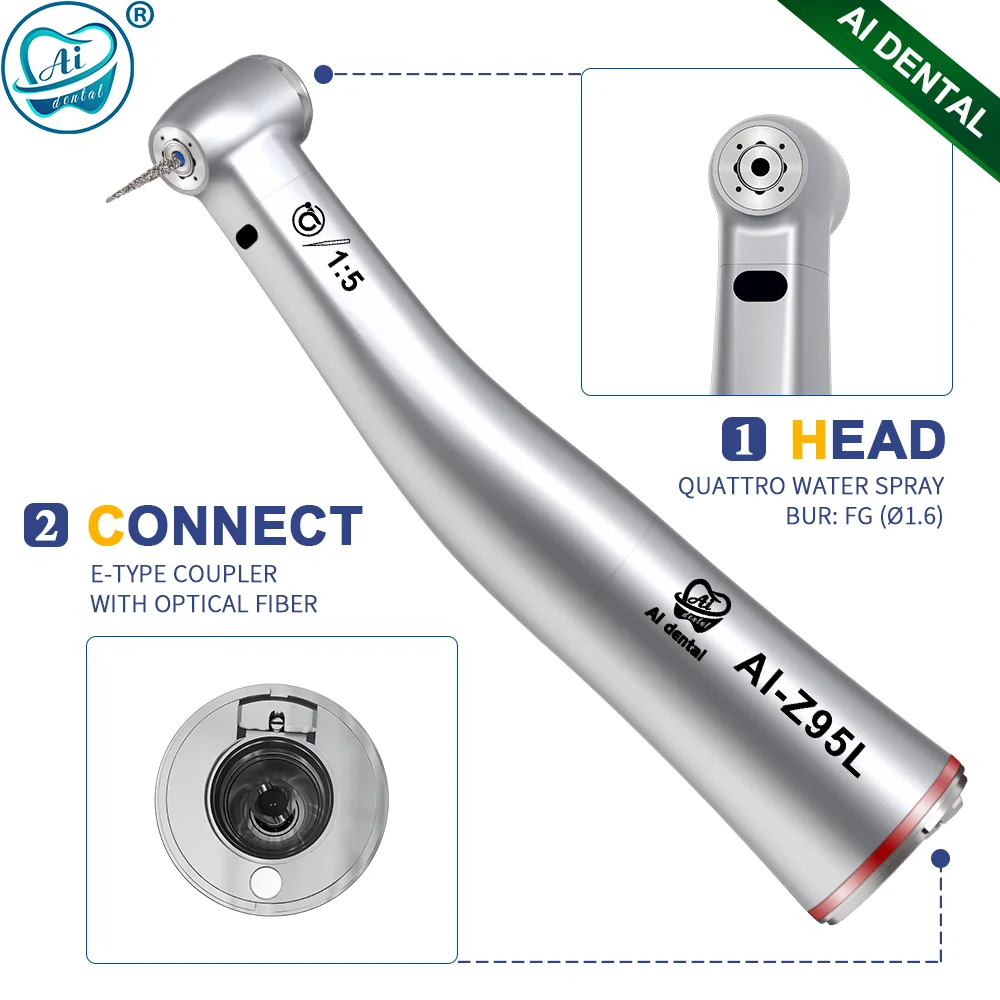 AI-Z95L Dental Low Speed Contra Angle Handpiece Stainless Body 1:5 Increasing Quattro Spray with LED Optic FG Burs