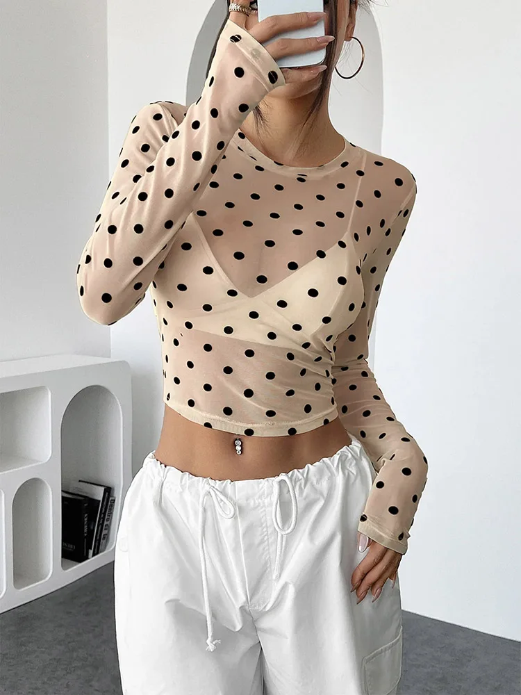 Summer women's sexy hot girl storm point mesh long sleeved T-shirt slim fit perspective simple top