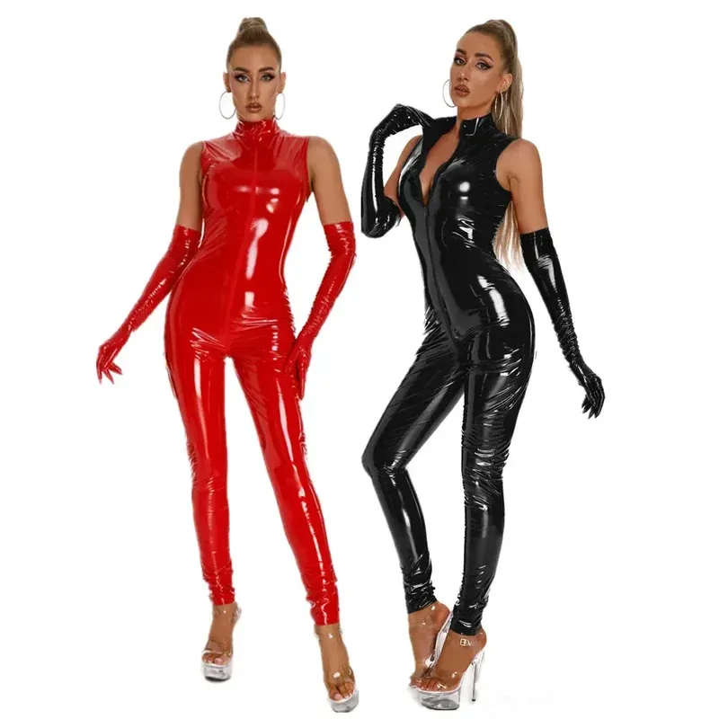 

Sexy Faux Leather Jumpsuit With Gloves Exotic Sleeveless Zip Open Crotch PU Catsuit Lingerie Wetl Look Clubwear Bodysuit