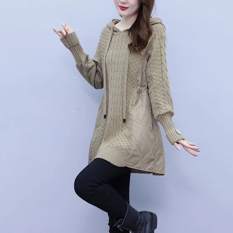 

2022New Autumn Winter Splicing Sweater Women Jacket Long Sleeves Hooded Loose knitted Sweater Coat Female Thicken Warm Outerwear