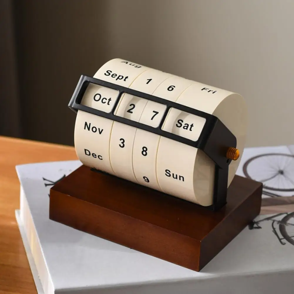 Wooden Perpetual Calendar Desktop Calendar 2025 Manual Wheel Calendar Multifunctional Desktop Decoration for Home Office School