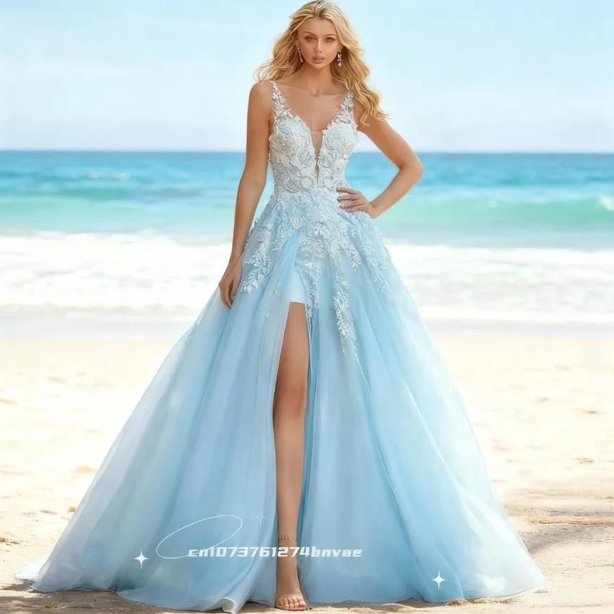 Robe de mariée Boho bleu ciel clair, fente avant, robes de mariée pour vacances à la plage, bretelles appliquées en dentelle, col en v, sans manches, personnalisées