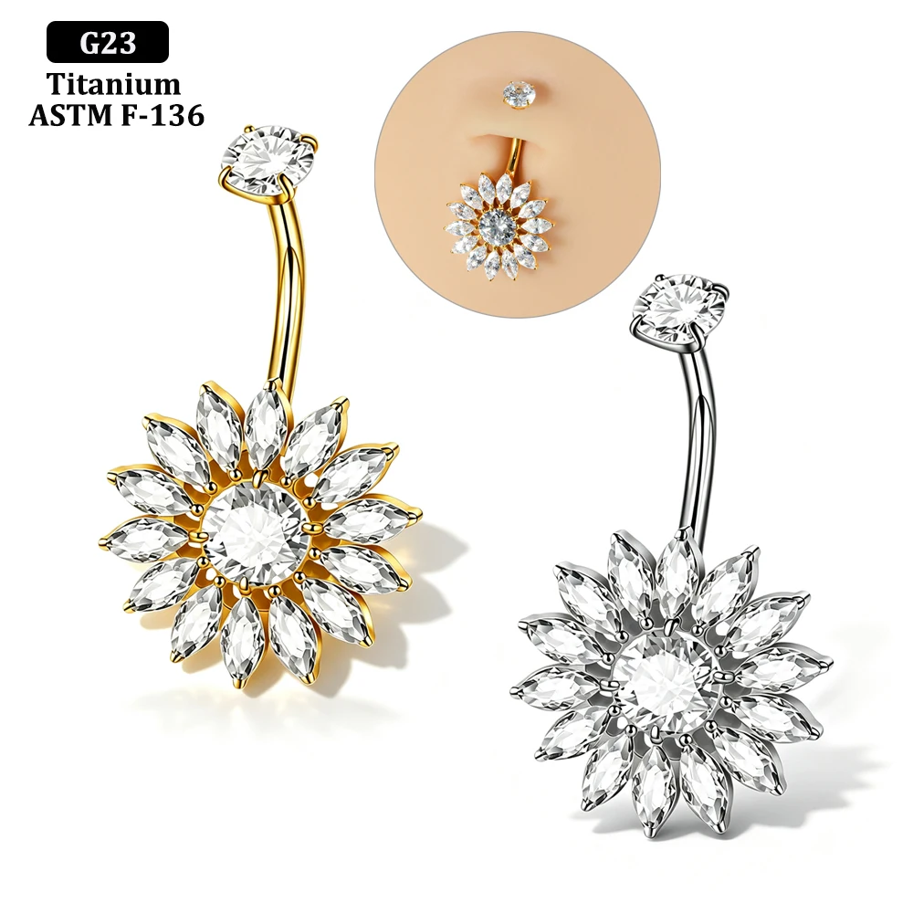 1PC Exquisite Shiny Sun Flower Inlaid Marquise CZ Belly Button Ring Internal Thread Titanium Alloy Piercing Navel Belly Jewelry