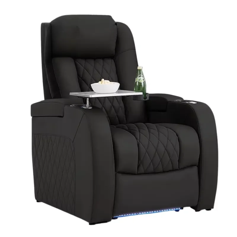 Power Recliner Chair Top Grain Leather Electric Headrest With Tray Table Home Theater Seating Movie Sofa