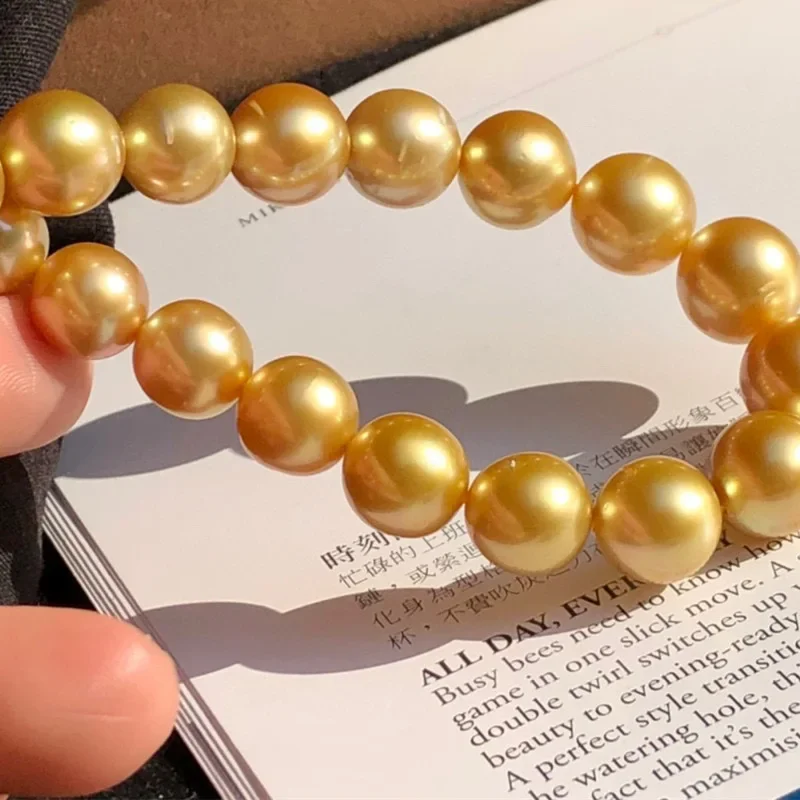 Elegant Genuine 10-12mm Necklace for Women Fine Sea Golden Round Pearls Fashion 925 Sterling Silver Jewelry Wedding Party Gift