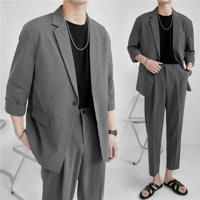 (Blazers + Pants) 2024 Fashion Summer Seven Point Sleeve Stripe Casual Coat Men Single-breasted Simple Loose Suits 2 Piece Set