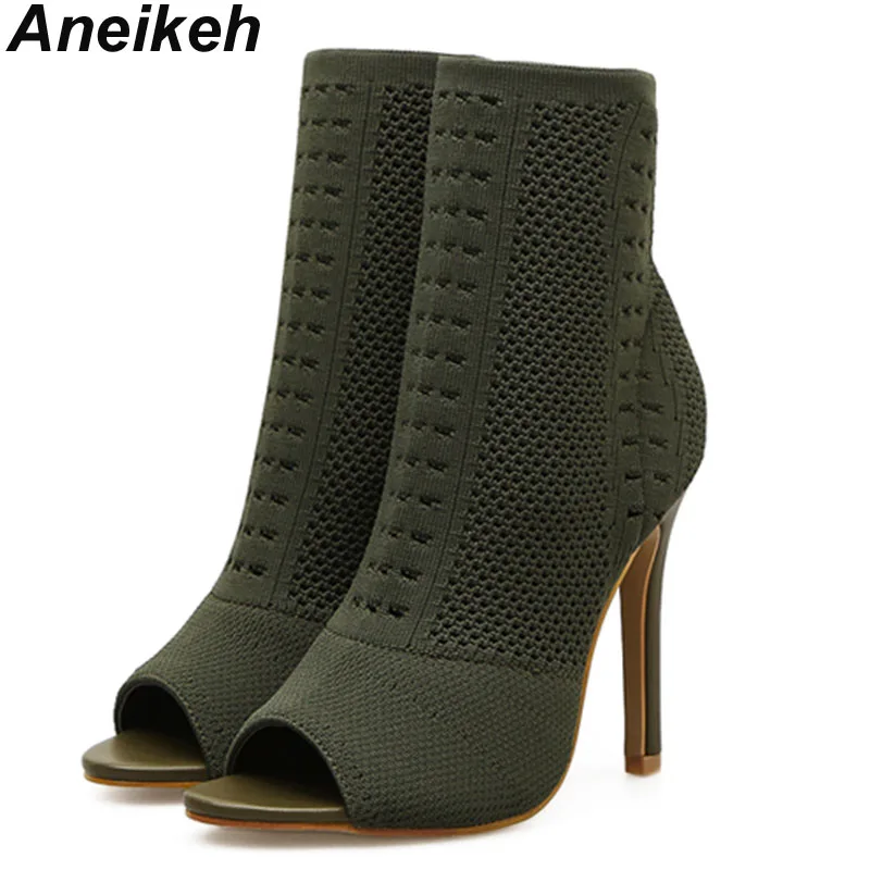 Aneikeh 7cm tacchi alti stivaletti donna Peep Toe stivaletti in tessuto elasticizzato lavorato a maglia Sexy tacchi a spillo tagliati Pole dance scarpe