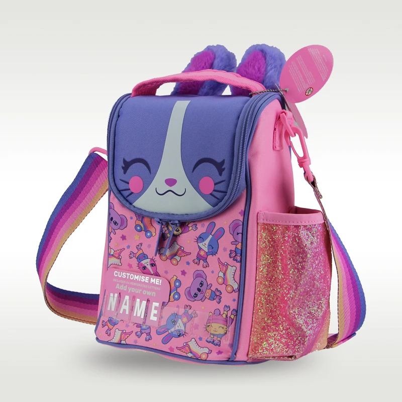 Bolsa de escola crossbody para meninas, saco de almoço infantil original, saco de frutas Bento, saco roxo coelho, 9"