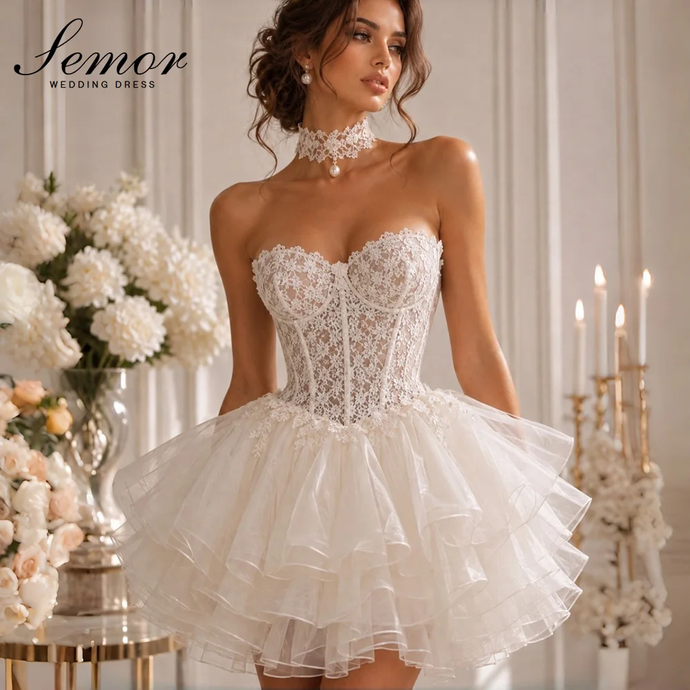 Semor Romantic Lace Short Bridal Gown A Line Corset Bustier Fold Organza A-line Tiered Mini Wedding Dress Lace Up Customized