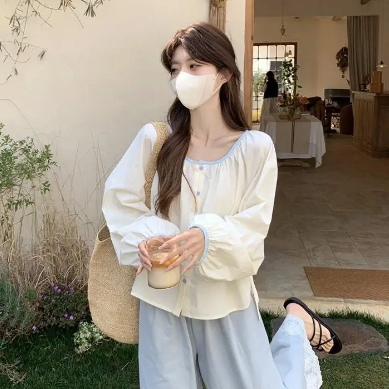 

Французская модная женская блузка с круглым вырезом и контрастными вставками, универсальный хлопковый лонгслив с длинными рукавами, новинка