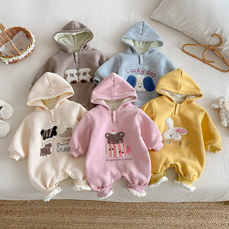 Baby Plush Cartoon Crawling Suit 2025 New Winter Baby Cute Embroidered Bunny Jumpsuit Newborn Clothes
