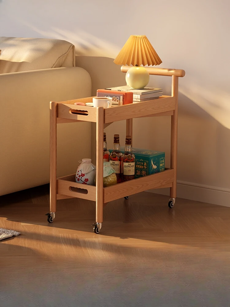 A few solid wood trolleys beside the sofa, movable side cabinets, wheeled bedside racks, simple.