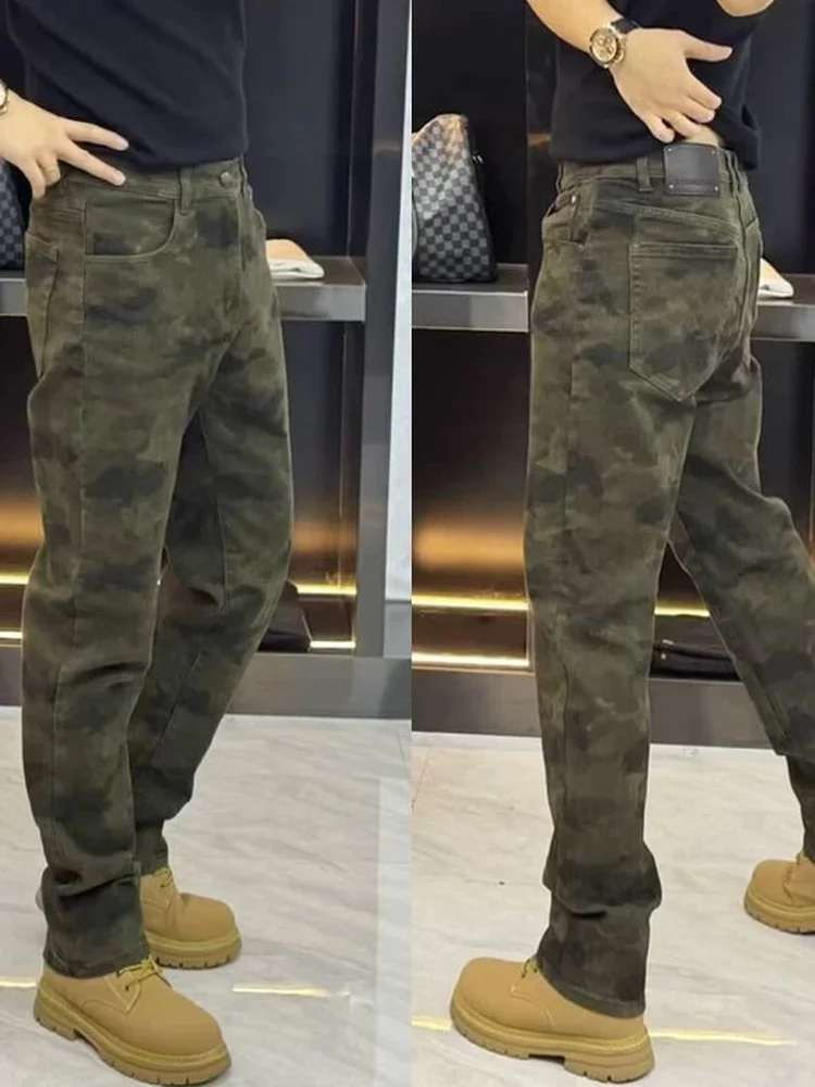 

High-End Camouflage Straight Leg Men's Jeans Trendy Autumn Winter Faion Design Casual Long Pants Polyester Fiber mid Waist