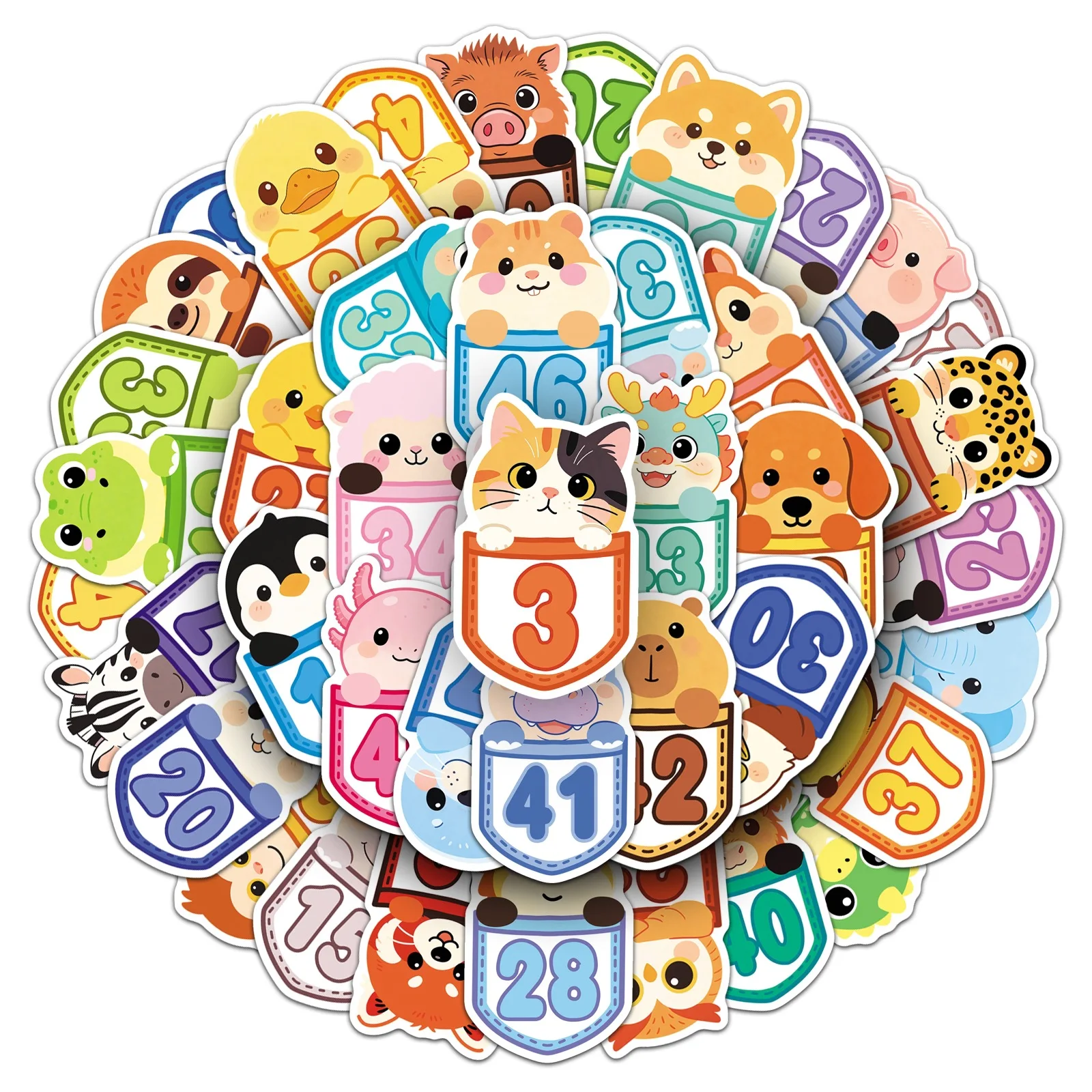 50Pcs Number Sequence Stickers Cartoon Animal Cute Pet Waterproof Decals for Water Bottle Laptop Phone Journal Gift