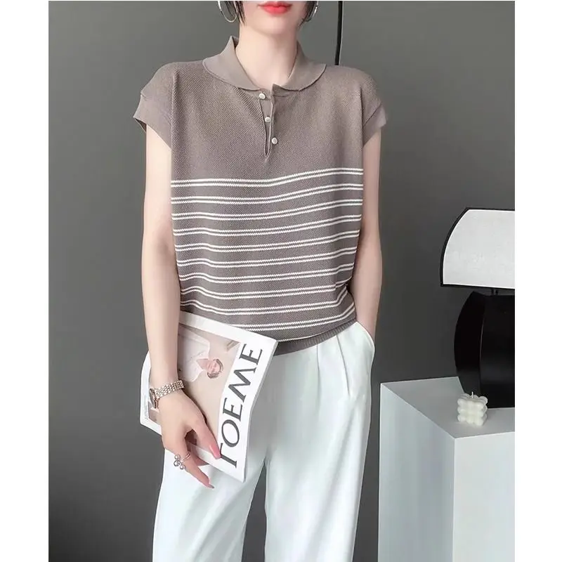 Summer Women\'s Short Sleeve Striped Button Solid Turn-down Collar Pullover Sweater Knitted T-shirt Casual Screw Thread Tops