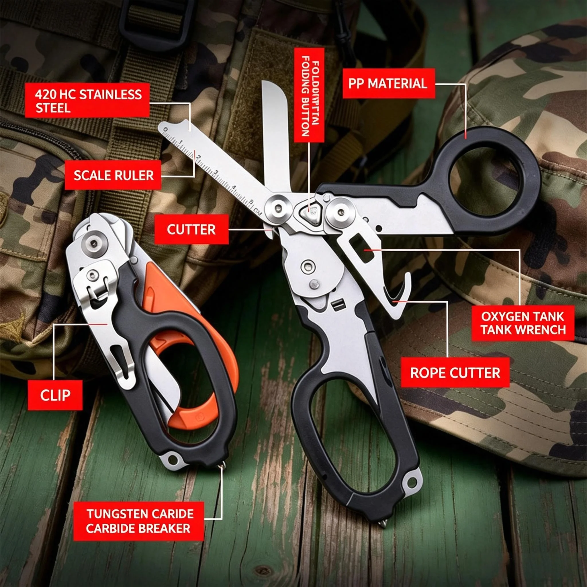 Multifunctional Folding Trauma Scissors Emergency Scissors with Cutter and Glass Breaker for Outdoor Camping Rescue Tools