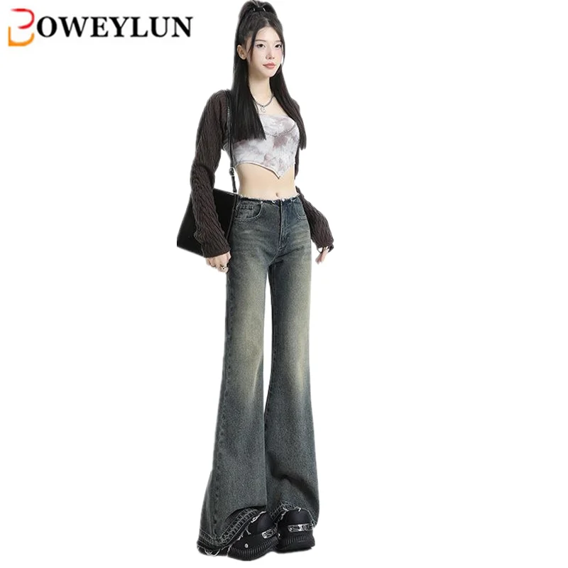 BOWEYLUN Retro Fringed Micro Flared Jeans Women Spring and Autumn New High Waisted Loose Denim Wide Leg Flared Pants Girls