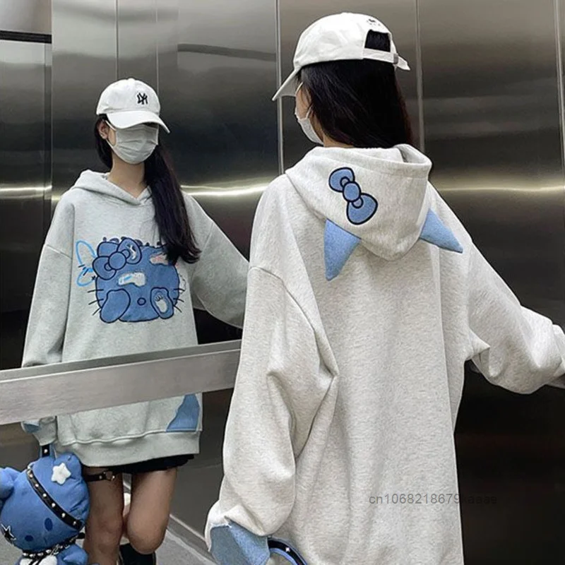 Sanrio Hello Kitty Unique Hat Design Female Autumn Hoodie Korean Style New Patchwork Embroidery Loose Casual Versatile Pullovers