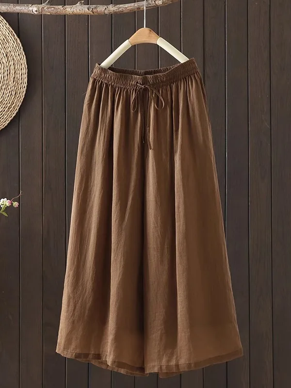 القطن الكتان بنطال ذو قصة أرجل واسعة تنورة عالية الخصر فضفاضة تناسب رقيقة مرنة الصيف بناطيل كاجوال للنساء خمر قطع مستقيمة