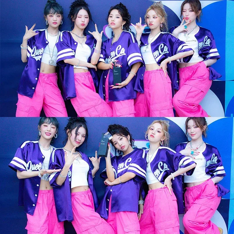 Korean Group Women Singer Dancer Costume Hip Hop Clothing Short Sleeves Coat Pink Cargo Pants Y2K Jazz Performance Outfit JL5588