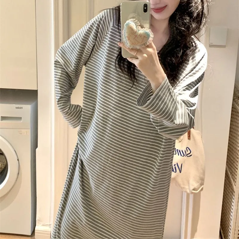 

Korean Nightgown Casual Sleepwear Long-sleeved Nightdress Women's Autumn Home Wear Simple Stripes One Piece Pajamas Loungewear