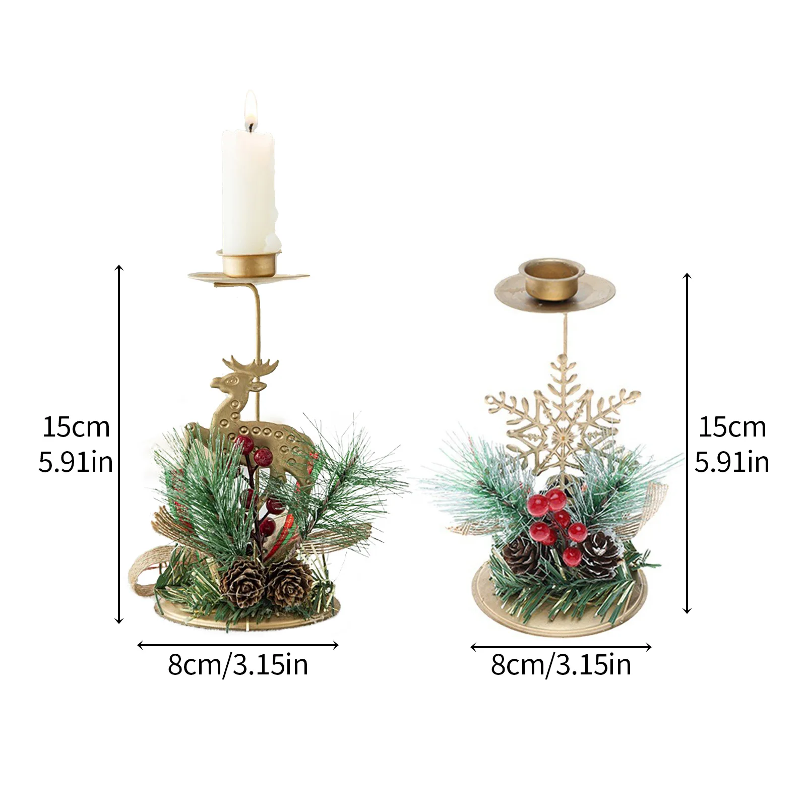 Christmas Candle Holders Set - Reindeer & Snowflake with Pine Cones Berries, Festive Metal Stands for Xmas Table Decor