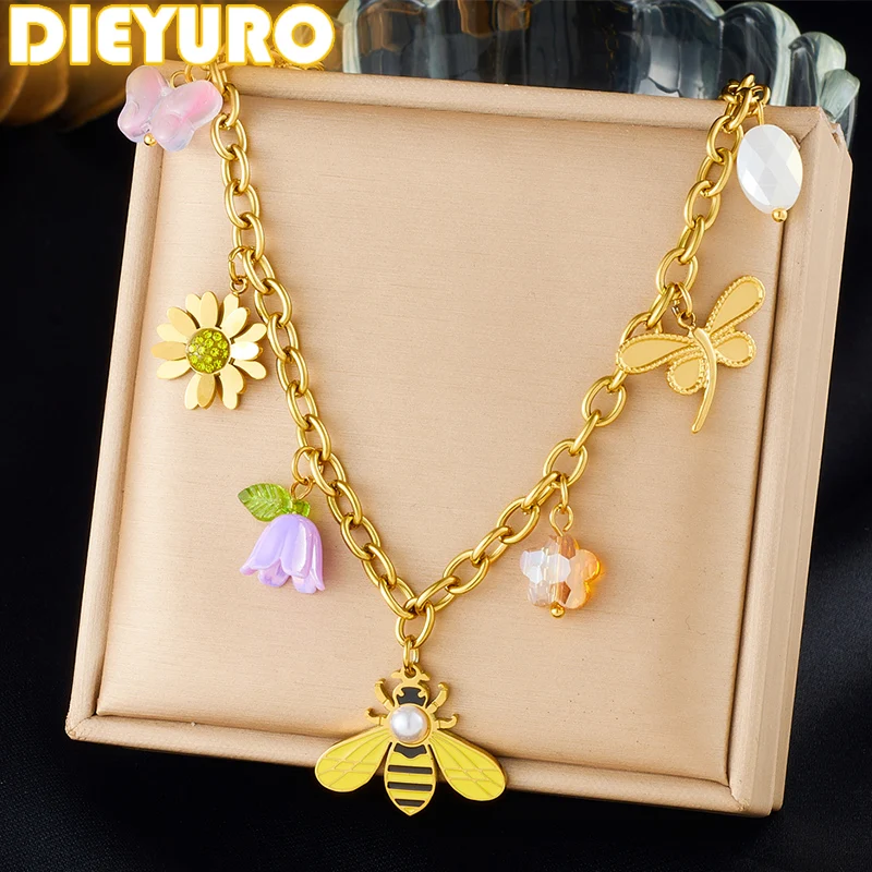 

DIEYURO 316L Stainless Steel Flower Dragonfly Pearl Bee Pendant Necklace Lady New Fashion Trend Neck Chain Jewelry Party Gift