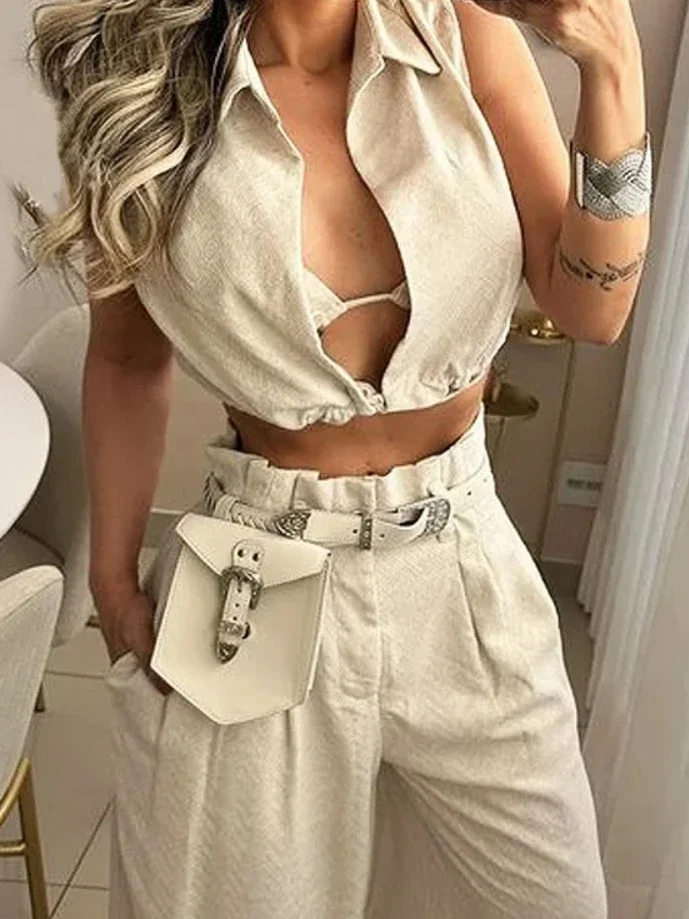 Pant Sets Women Two Piece Set Sleeveless Turn Down Collar Matching Sets Short Tops Long Wide Leg Pants High Waist Streetwear
