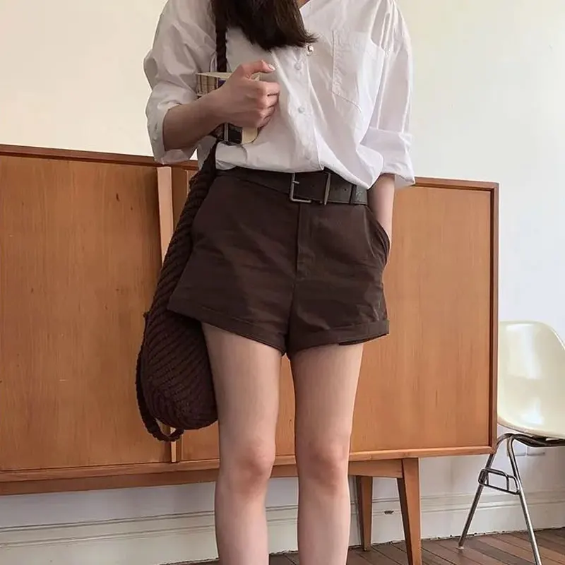 

American Vintage Brown Straight Denim Shorts Summer Solid Color Female Clothing Korean Commute High Waist Wide Leg Basic Shorts