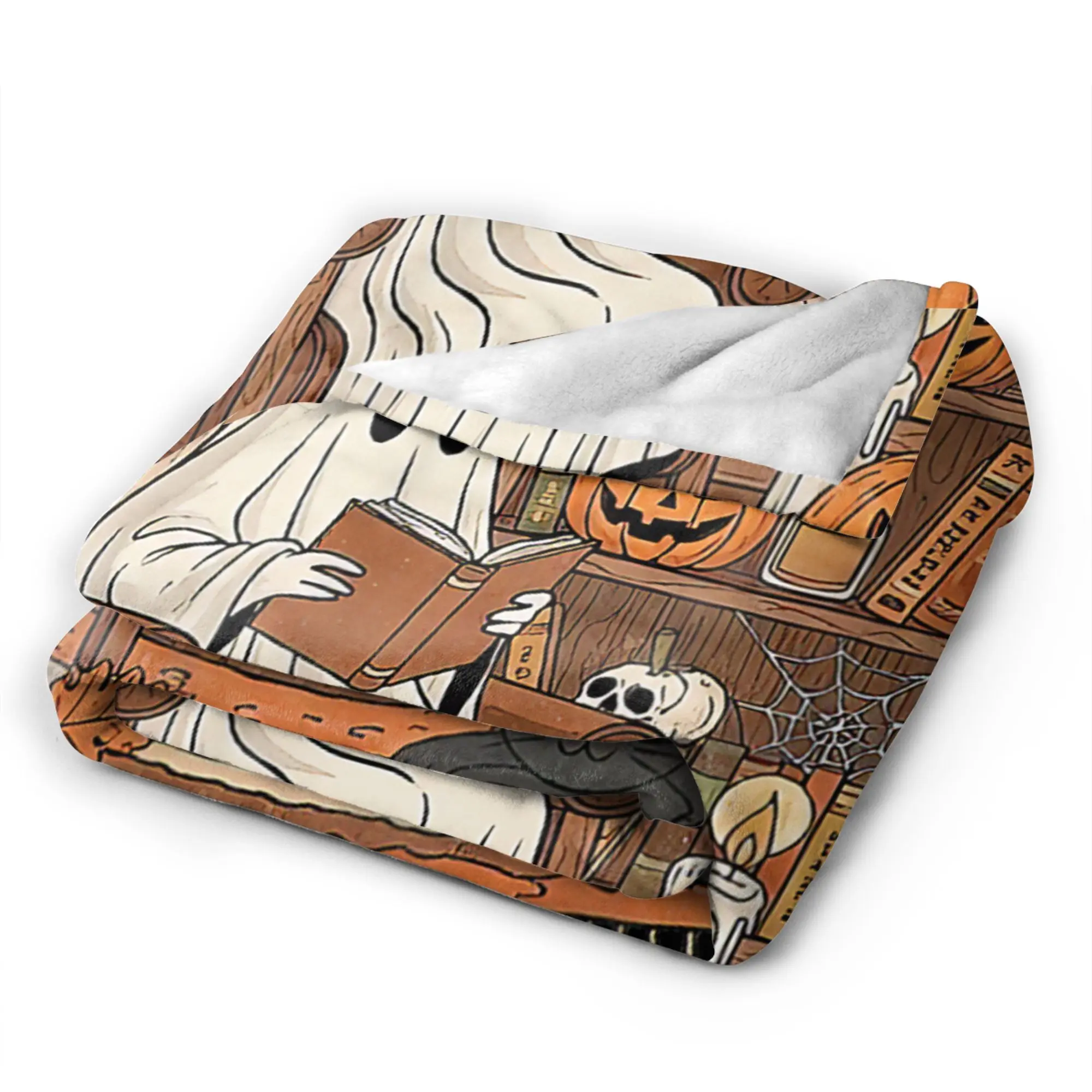 Retro Cozy Ghost Reading Bookish Librarian Halloween Blanket Flannel Throw Blanket For Couch Chair Soft Warm Quality Bedspread