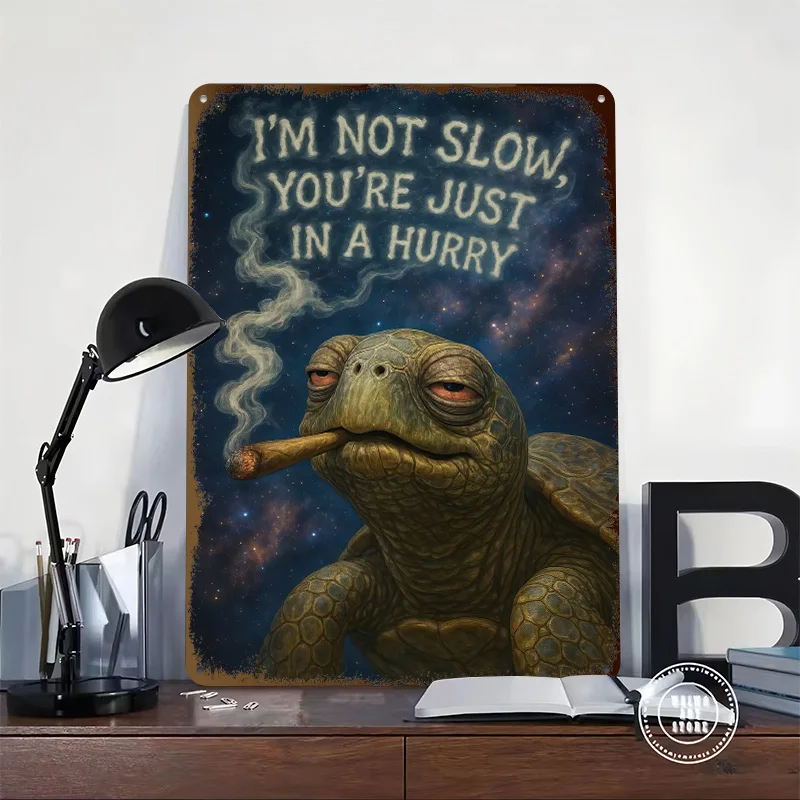 Relaxed Turtle With Smoking in Space Metal Poster Vintage Decor Custom Aluminum Metal Signs for Wall Art Decoration Room Home