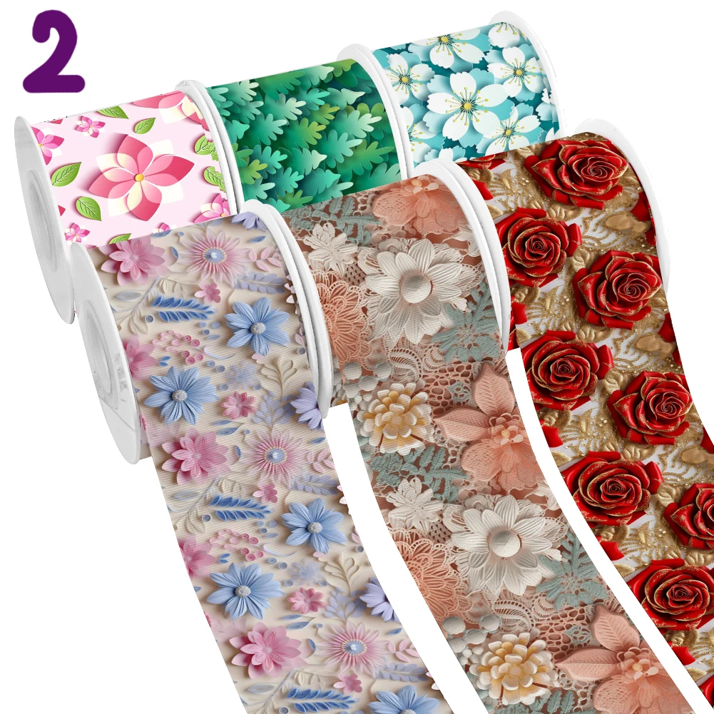 3D Embossed Cute Flowers Pattern Designs Printed Grosgrain Ribbon For Girl Head Wear Hair Bows 10 Yards Satin Ribbon