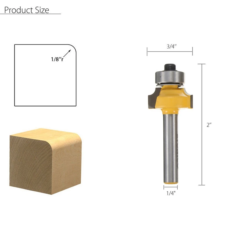 Set di 4 punte per fresa per bordi rotondi, gambo da 1/4 di pollice, 1/2 di pollice, 3/8 di pollice, 1/4 di pollice, raggio di 1/8 di pollice