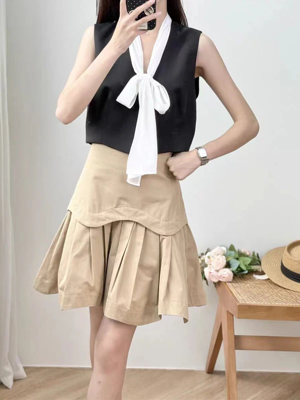 

ort Layered Cut Skirt Dync Hemline Button Decoration High Waist French Sle Casual Cotton H-ape Autumn f Skirt