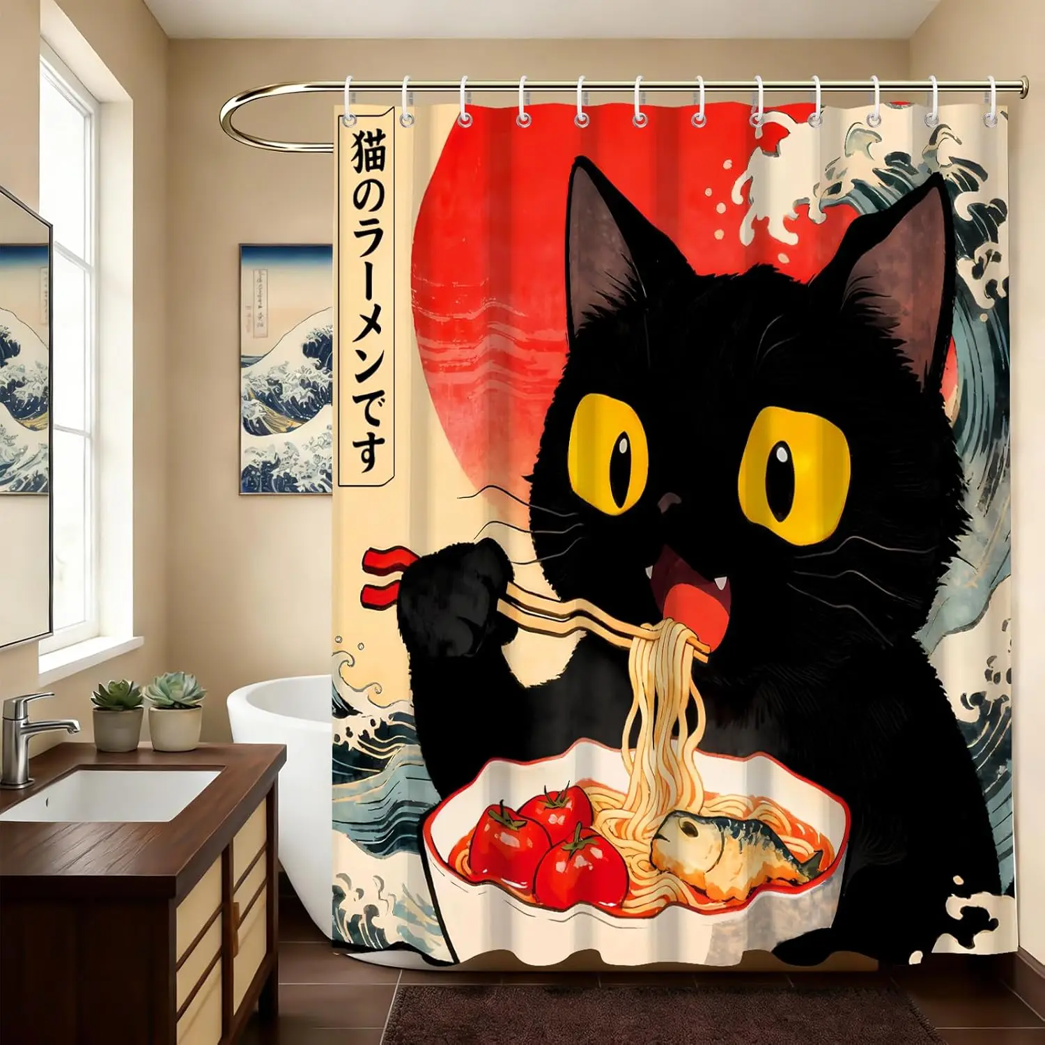 

Funny Cat Shower Curtain, Cute Cool Cat Japanese Anime Bathroom Waterproof Shower Curtain Fabric Washable Bathroom Decor