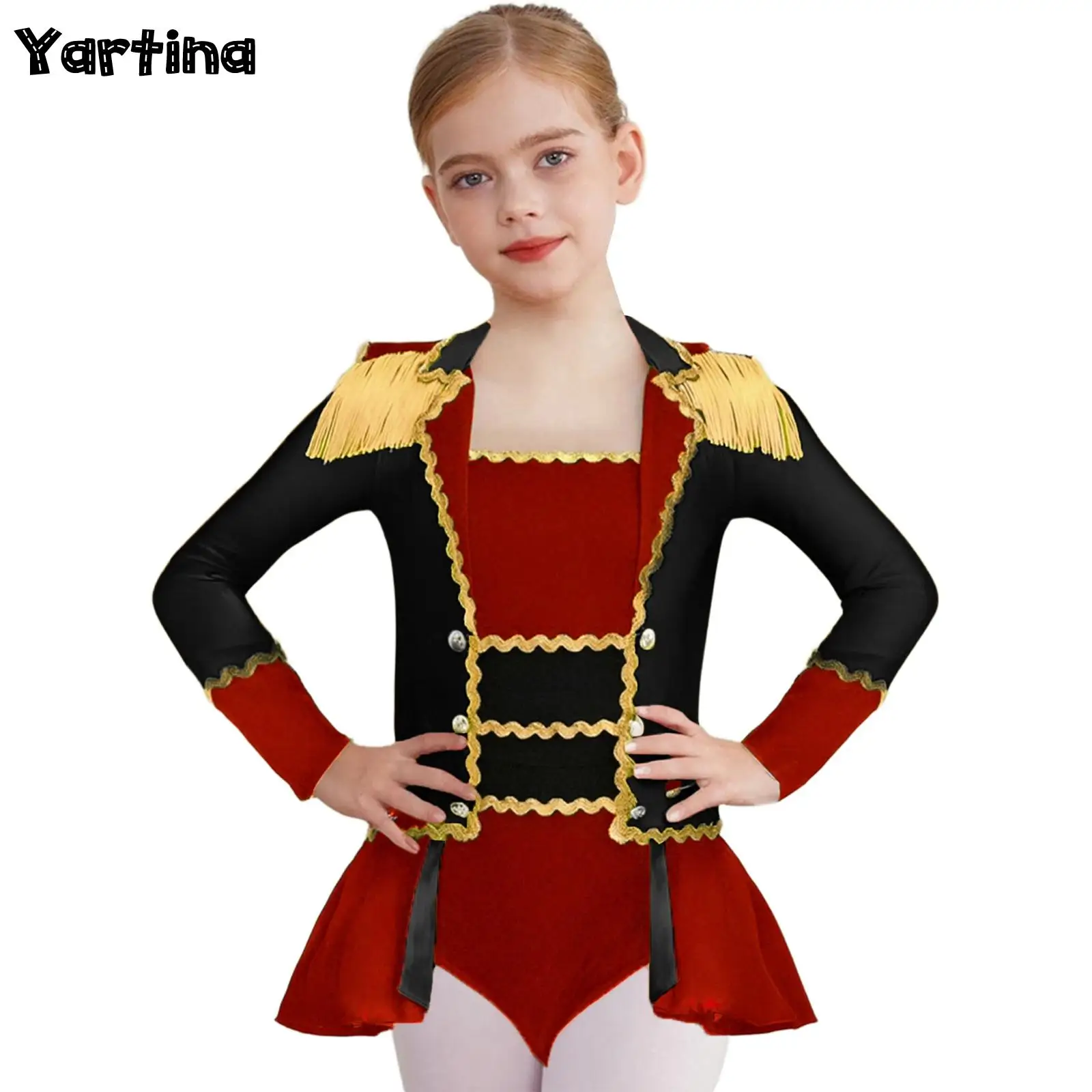 

Girls Circus Ringmaster Costumes Epaulets Tassels Magician Drum Marching Lion Tamer Showman Dress Zipper Overlay Jumpsuit