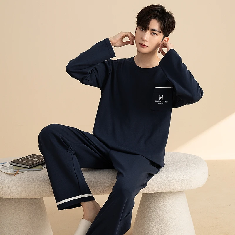 Men Pyjama Set Spring knited Cotton Long Sleeve Pajama Suit Autumn Nightwear Pijama Male Sleepwear Two Piece Set